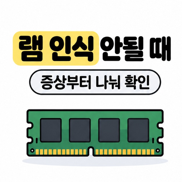 램 인식 안될 때 제목과 증상부터 나눠 확인 문구 아래 초록색 메모리 모듈을 배치한 대표 썸네일