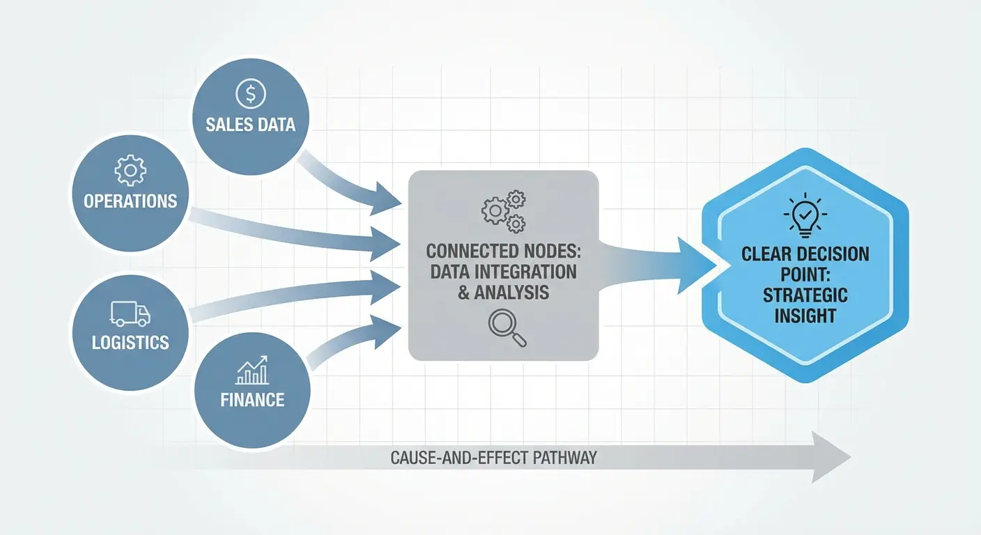 팔란티어가 흩어진 기업 데이터를 하나의 의사결정 흐름으로 연결하는 모습