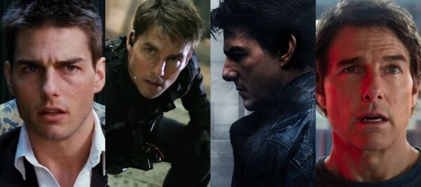 〈미션 임파서블〉 시리즈의 에단 헌트(왼쪽부터 1편, 3편, 5편, 8편)