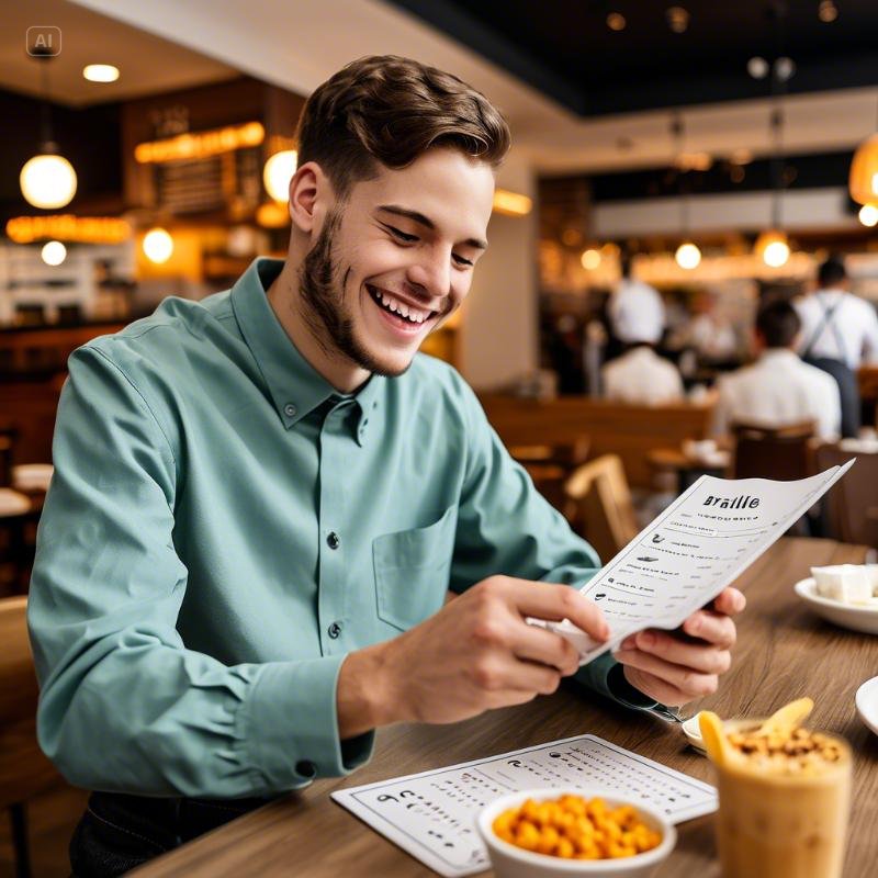시각장애인이 식당에서 점자 메뉴판을 읽고 있는 모습. 옆에는 웃는 얼굴의 직원이 서 있고, 테이블 위에는 다양한 음식이 놓여있다.