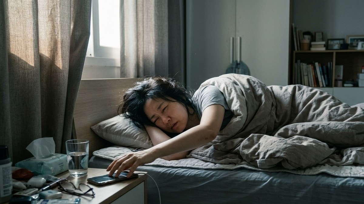 아침 알람을 끄며 이불 속에서 일어나지 못하는 피곤한 40대 여성