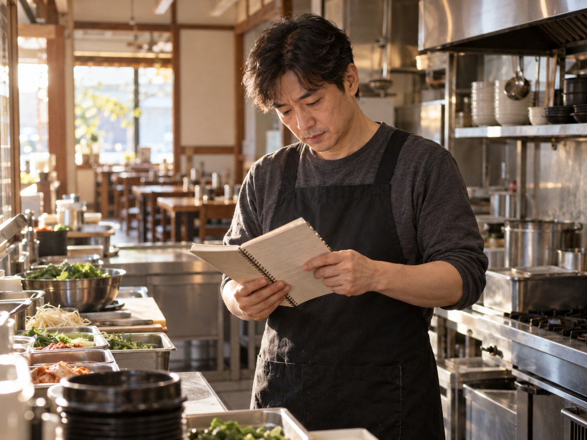 가게 주방 앞에서 장부를 확인하는 사장님
