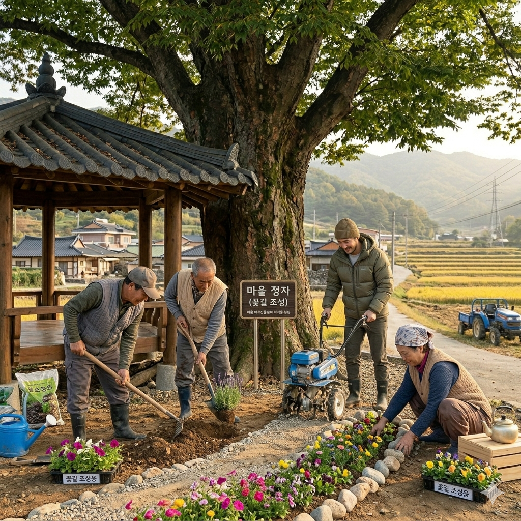 마을 꽃길을 함께 조성하고 있는 귀농 청년과 마을 사람들의 모습의 이미지