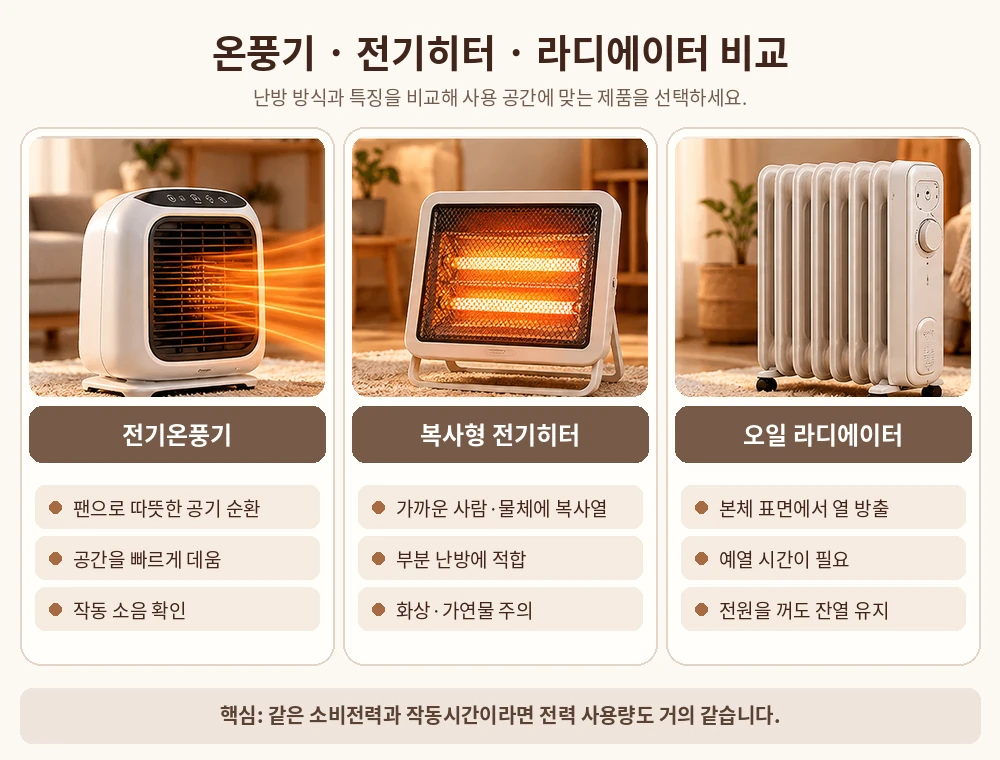 전기온풍기&middot;복사형 전기히터&middot;오일 라디에이터의 발열 방식과 난방 특징 비교