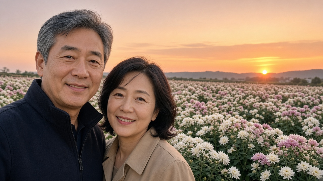 해 질 무렵 국화밭 앞에서 사진을 찍는 50대 한국인 부부