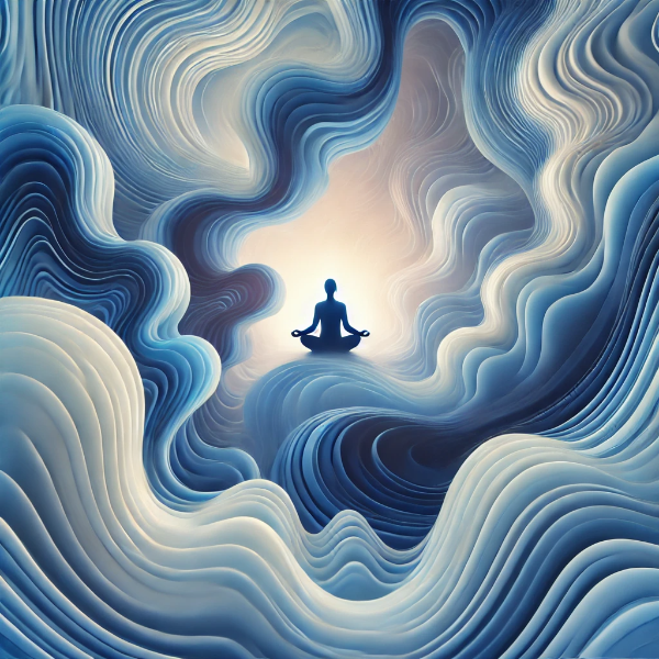 스트레스 완화를 상징하는 부드러운 파란색과 흰색의 흐름 속 명상하는 실루엣