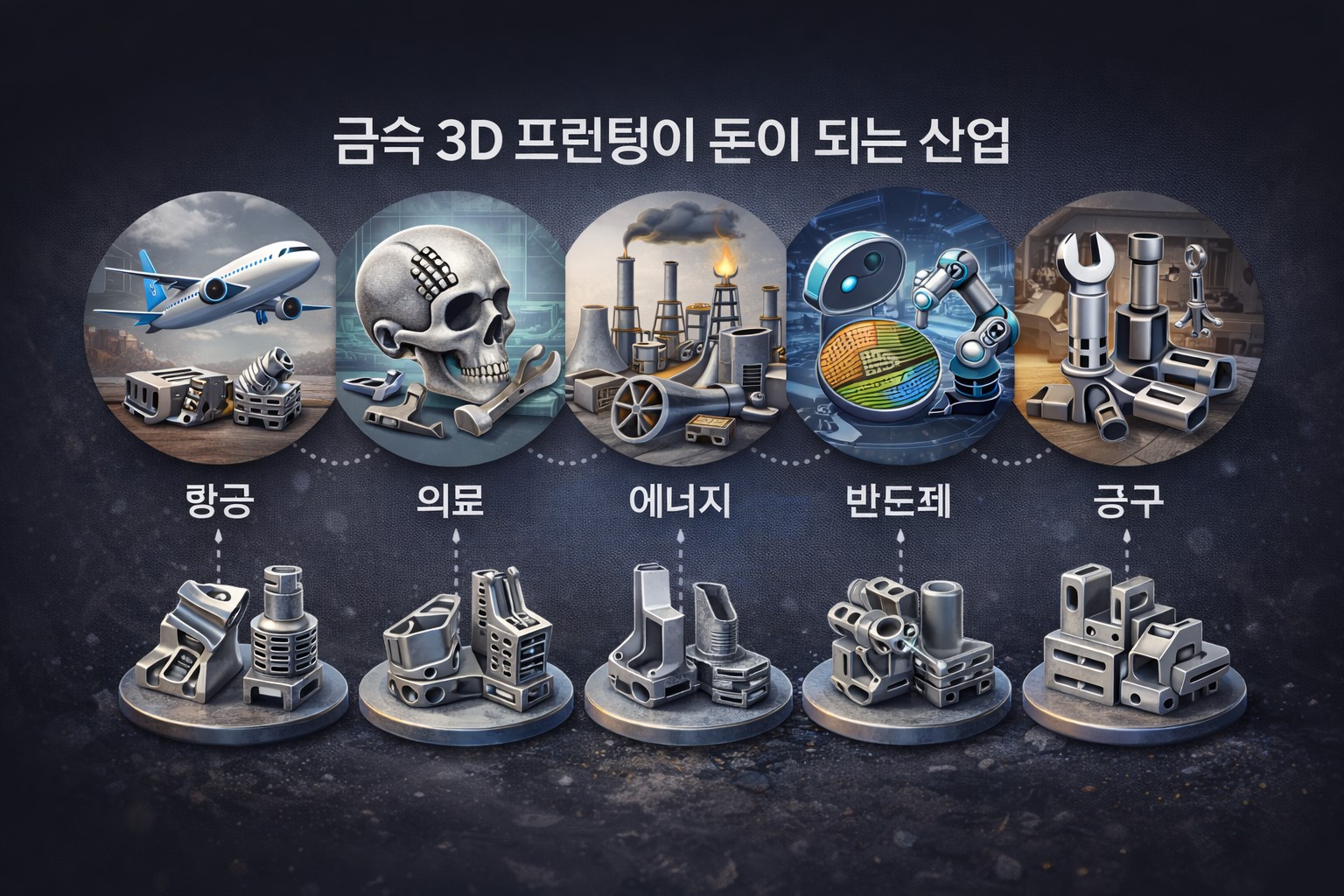 금속 3D 프린팅이 돈이 되는 산업을 항공 의료 에너지 반도체 공구 분야 아이콘으로 정리한 대표 다이어그램 이미지
