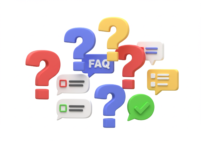 물음표와 말풍선, 체크마크가 함께 표현된 자주 묻는 질문을 나타내는 3D 아이콘