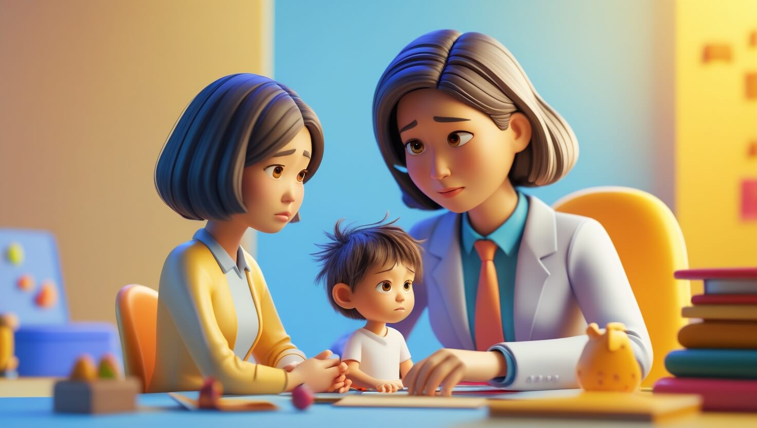 ADHD 조기선별검사,무료 검사 정보 안내받는 부모와 아이