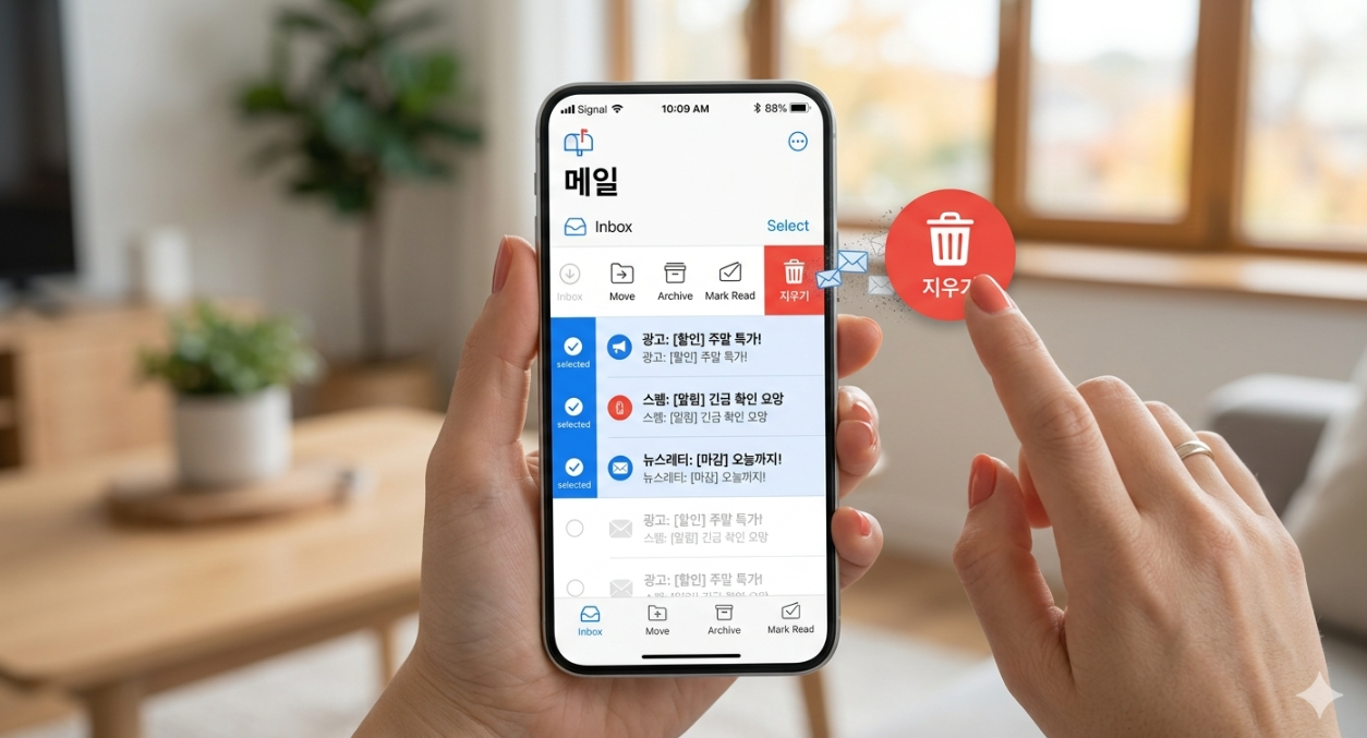 디지털 탄소 발자국을 줄이기 위해 스마트폰 이메일 앱에서 스팸 및 광고 메일을 삭제하는 메일함 다이어트 실천 모습