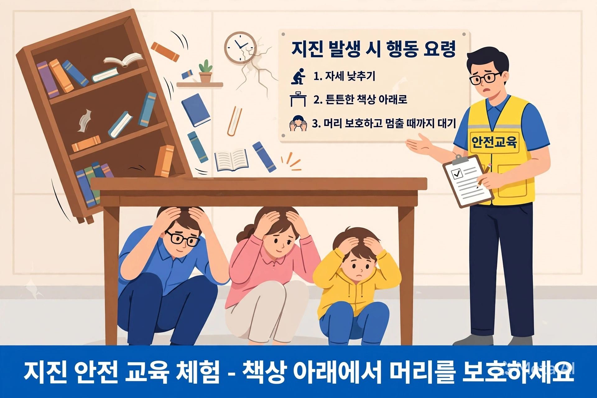 지진이 난 교실에서 책장이 기울어지고 책들이 떨어지는 가운데, 가족 세 명이 튼튼한 나무 책상 아래에서 두 손으로 머리를 감싸 보호하는 일러스트. 옆에서 '안전교육' 조끼를 입은 강사가 설명하고 있다. 벽 포스터에는 '지진 발생 시 행동 요령 1. 자세 낮추기 2. 튼튼한 책상 아래로 3. 머리 보호하고 멈출 때까지 대기'라는 한글 문구가, 하단 파란 배너에는 '지진 안전 교육 체험 - 책상 아래에서 머리를 보호하세요'라는 문구가 있다.