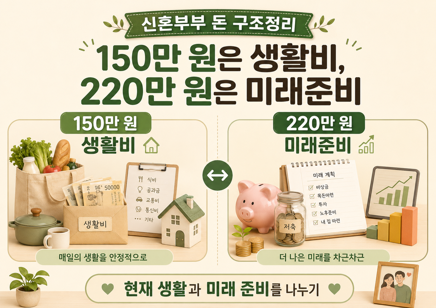 신혼부부가 남편 생활비 150만 원과 월급 220만 원을 생활비와 미래준비금으로 나누는 이미지