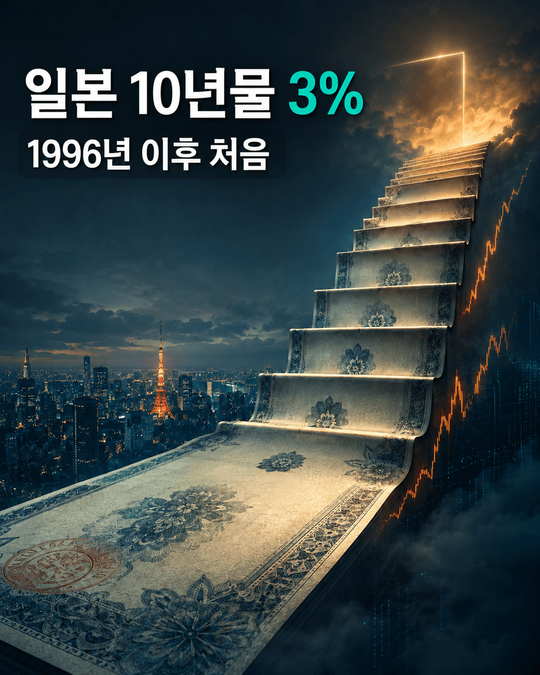 일본 10년물 국채금리 3%가 1996년 이후 처음임을 보여주는 금융 뉴스룸 카드