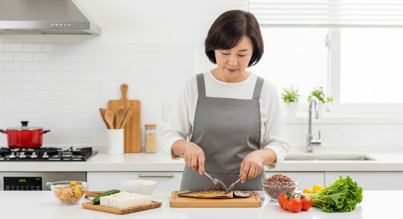 심근경색 예방을 위한 건강 식단을 준비하는 한국 중년 여성