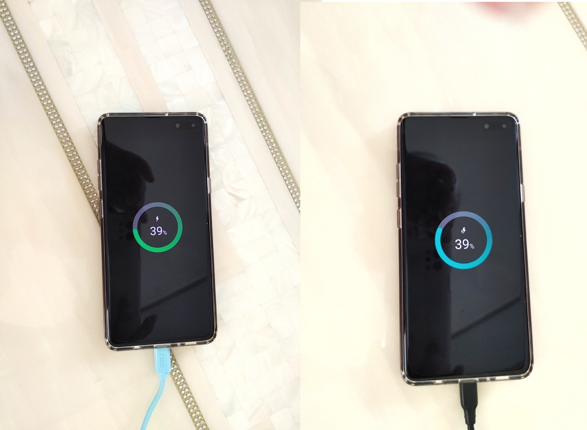 좌) 일반 충전중, 우) 고속 충전중 표시가 다름.