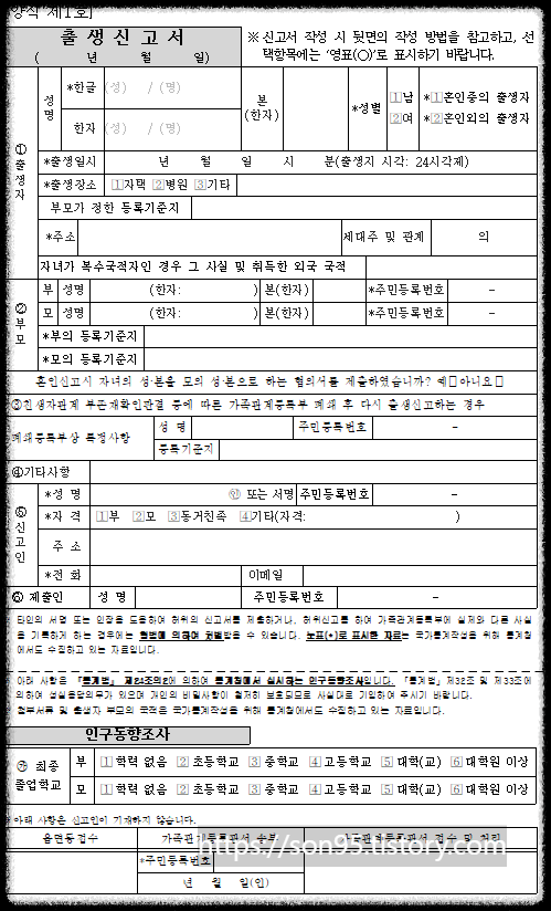출생신고서 서류 미리보기