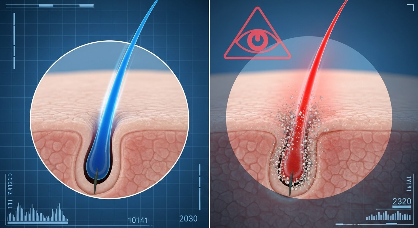 두피를비교 하는그림. 오른쪽은 염색후 두피가 않좋아짐을 나타내는 그림