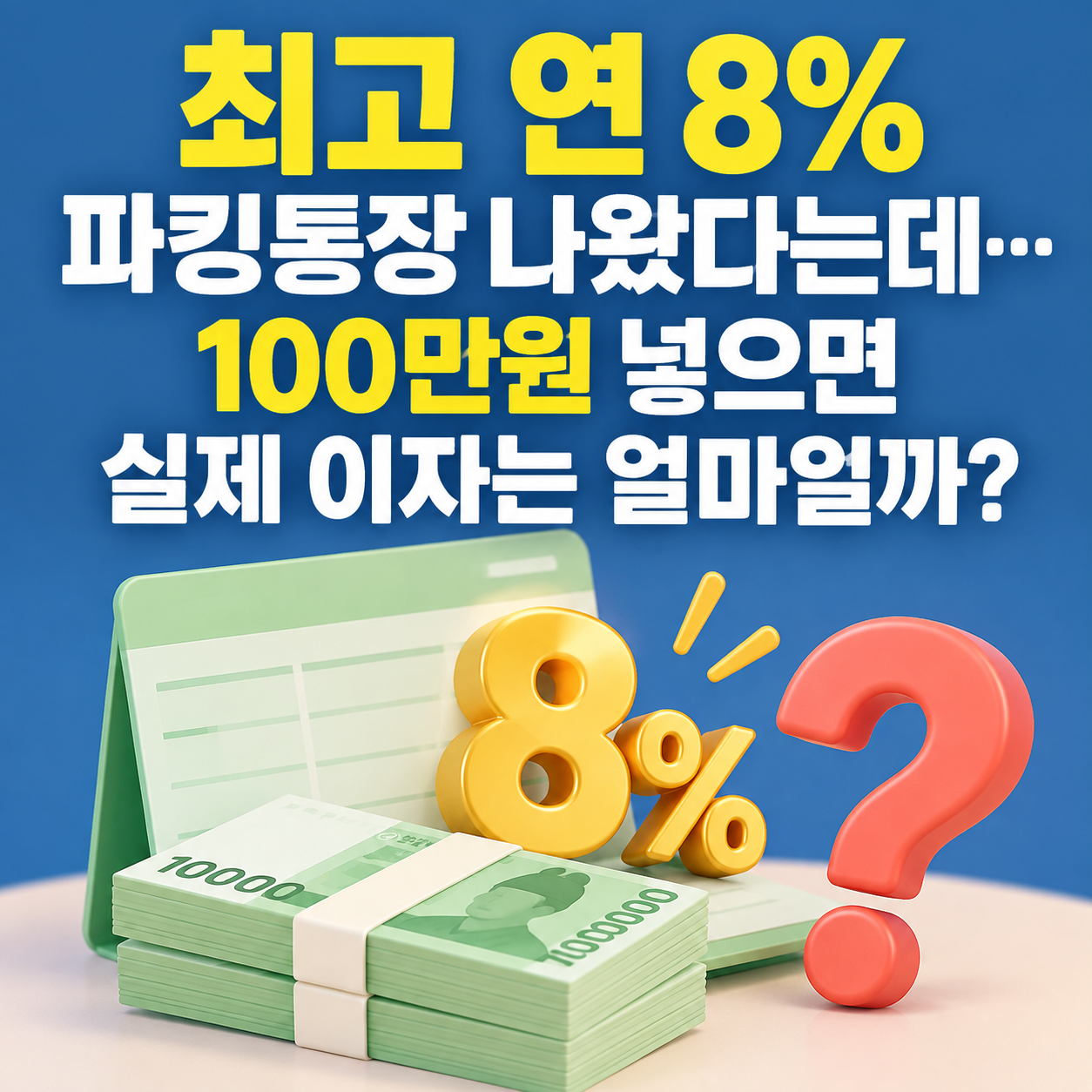최고 연 8% 파킹통장과 100만원 예치 시 실제 이자를 확인하는 금융 인포그래픽 이미지.