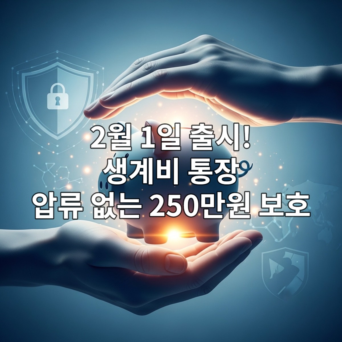 파란색 돼지 저금통을 보호하는 손과 금융 안전을 상징하는 추상적인 배경 이미지, 생계비 통장을 통한 압류 방지 및 재정적 안정성을 표현.