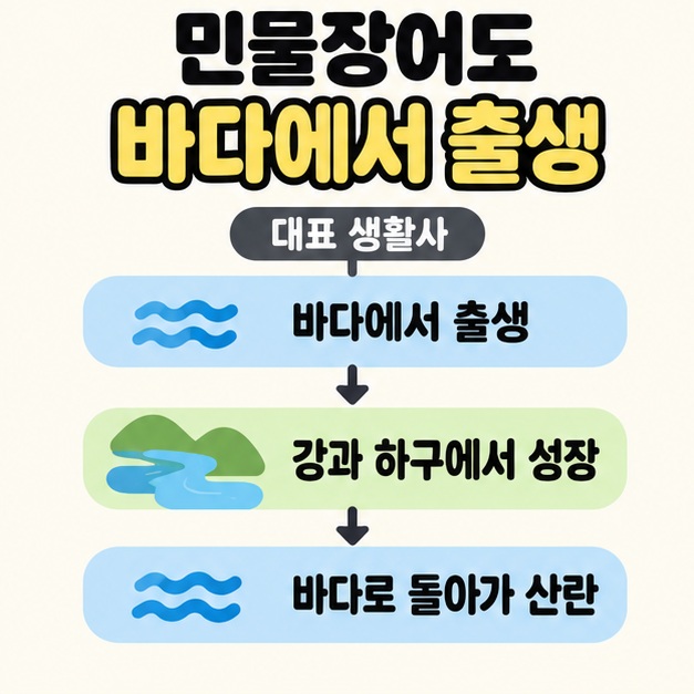 민물장어의 대표 생활사로 바다에서 출생하고 강과 하구에서 성장한 뒤 바다로 돌아가 산란하는 과정을 물결과 강물 그림으로 나타낸 흐름
