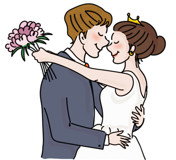 젊은 두 남녀가 두 눈을 감은채 서로 웃으며 포옹하고 있다. 신부의 왼손에는 연보라색 꽃다발이 있고, 남자는 파란색 양복을 입었다.