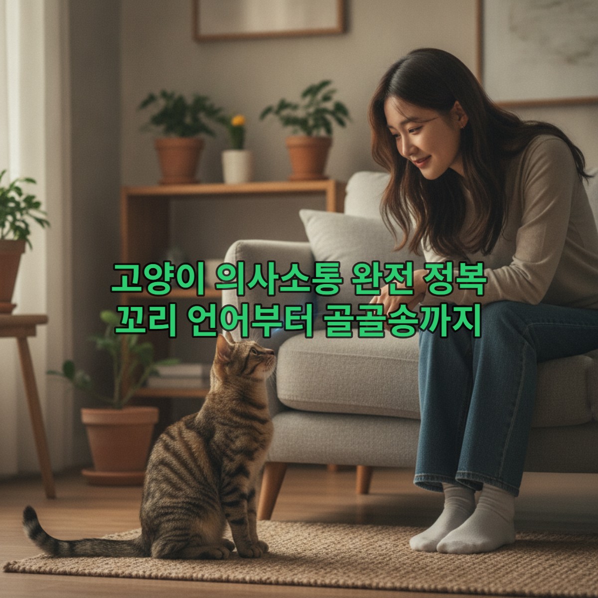 한 젊은 여성이 따뜻한 분위기의 거실에서 고양이의 미묘한 몸짓을 애정 어린 눈빛으로 관찰하며 깊이 교감하는 모습.