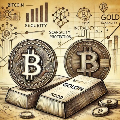 비트코인과 금이 대비되며, 안전자산, 희소성, 인플레이션 헤지 개념을 스케치하듯 그린 그림
