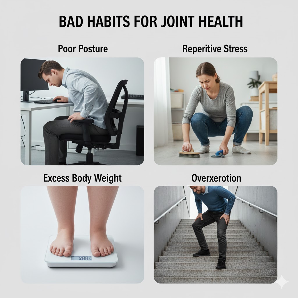 허리무릎 망치는 습관 구부정 쪼그려앉기 비만 계단