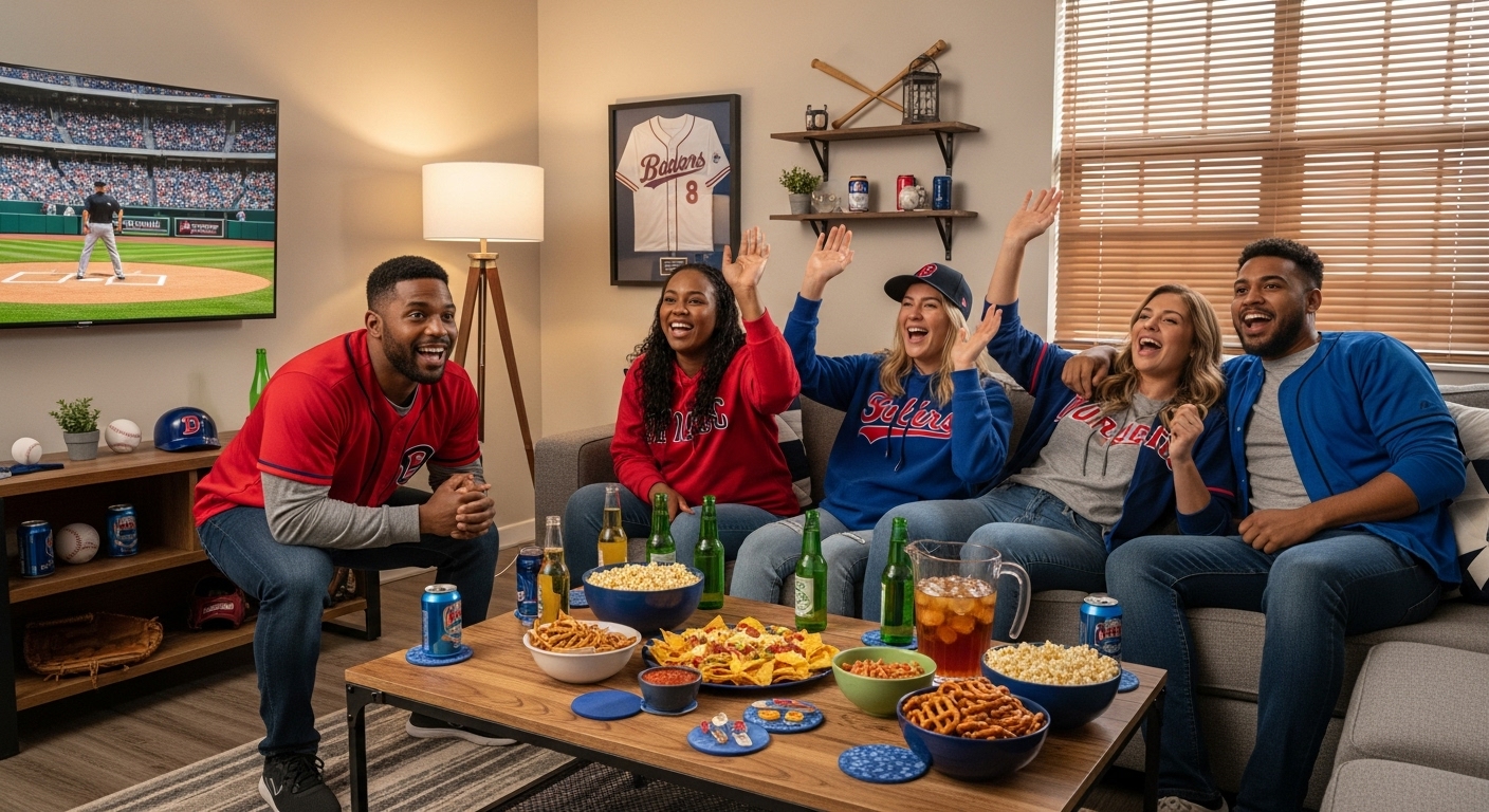 집에서 편안하게 친구들과 모여 야구 경기를 시청하며 즐거워하는 모습