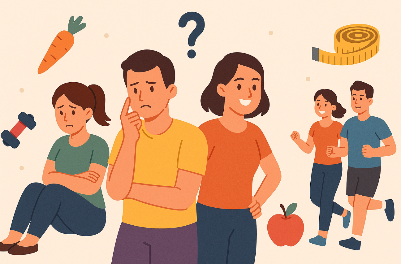 다이어트를 혼자 할 것인지 아니면 다른 사람과 함께 할 것인지 고민하는 사람 일러스트