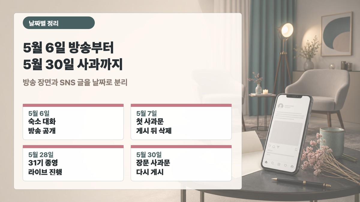나는솔로 31기 5월 6일 방송, 5월 7일 첫 사과문 삭제, 5월 28일 종영 라이브, 5월 30일 재차 사과 타임라인
