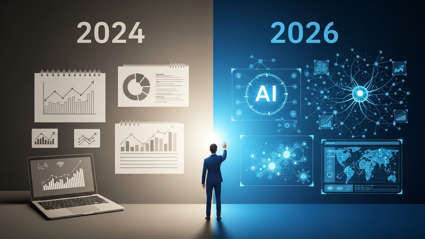화면을 반으로 나눈 비교 이미지 - 왼쪽 2024년은 종이 차트와 노트북의 전통적 비즈니스 분석 환경, 오른쪽 2026년은 AI 인공지능과 홀로그램 네트워크가 있는 미래형 디지털 비즈니스 환경으로 비즈니스 기술의 급격한 진화를 표현