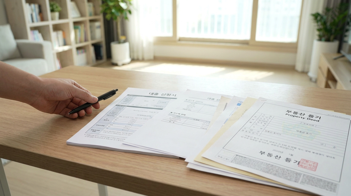 정돈된 책상 위에 놓인 주택담보대출 서류들과 펜