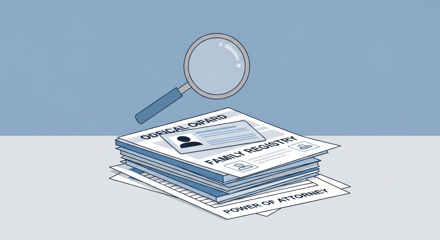 주택청약 해지에 필요한 주민등록증, 가족관계증명서, 위임장 등 다양한 서류들이 깔끔하게 정리된 모습.