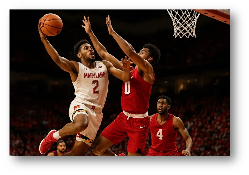 메릴랜드 테라핀스 선수가 상대 팀을 제치면서 슛하는 모습