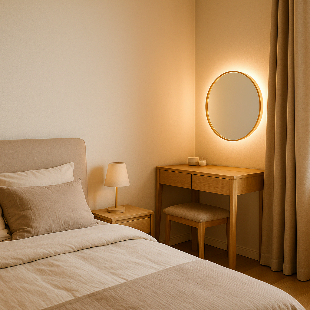 침대와 마주보지 않게 벽면에 배치된 화장대 거울이 있는 침실