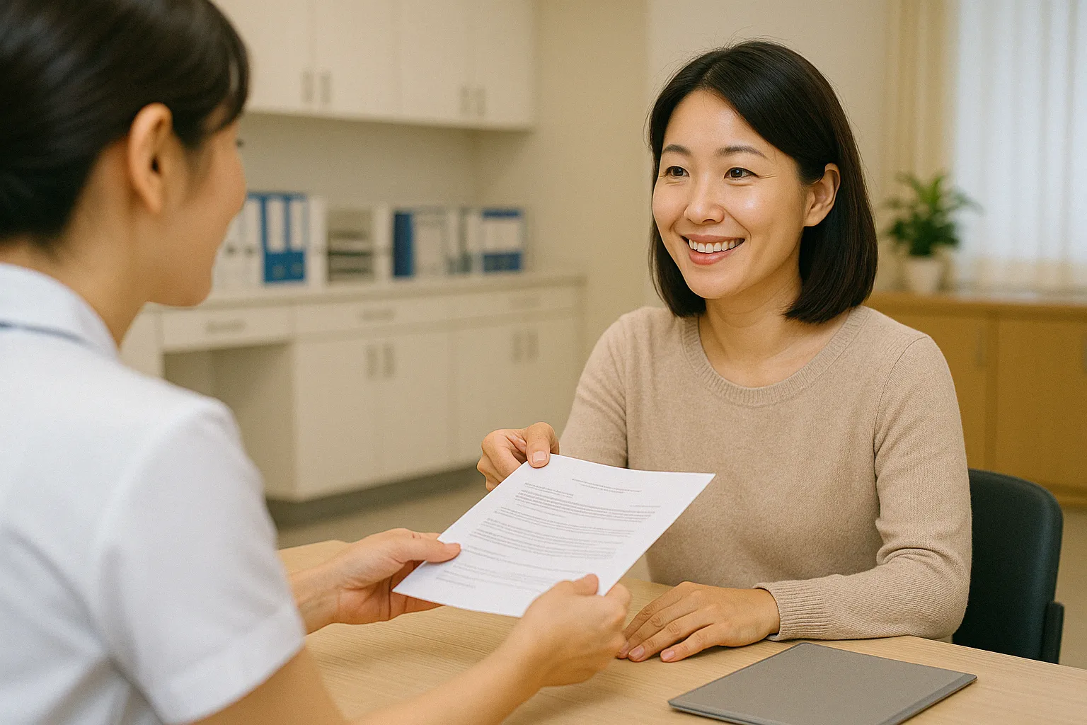 병원 사회복지실에서 의료비 지원 서류를 전달받는 무직자 사례