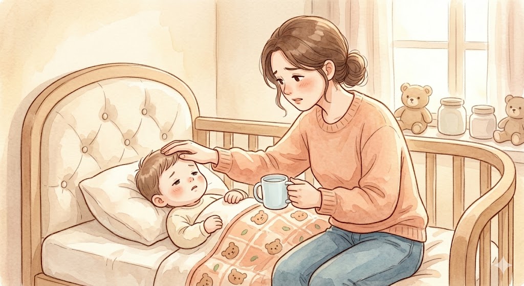 A mother sitting beside her sick baby lying under a blanket, gently touching the baby's forehead and offering water in a warm and quiet indoor setting.