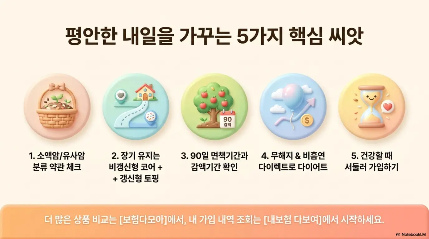 암보험 가입시 주의사항: 소액암 유사암 분류 약관 체크와 비갱신형 코어 플러스 갱신형 토핑과 90일 면책기간 감액기간 확인과 무해지 비흡연 다이렉트 보험료 다이어트와 건강할 때 서둘러 가입하기라는 5가지 핵심 씨앗 아이콘이 나열된 결론 요약 일러스트. 보험다모아와 내보험 다보여에서 비교를 시작하라는 안내도 포함됨 
