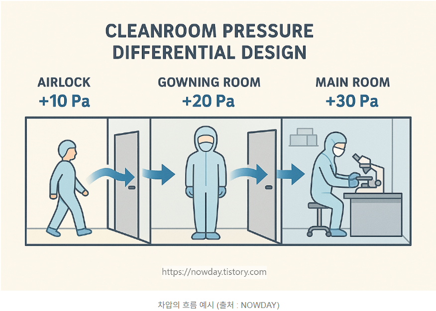 클린룸 오염제어를 위해서는 각 룸간 차압 형성이 필수적이다.