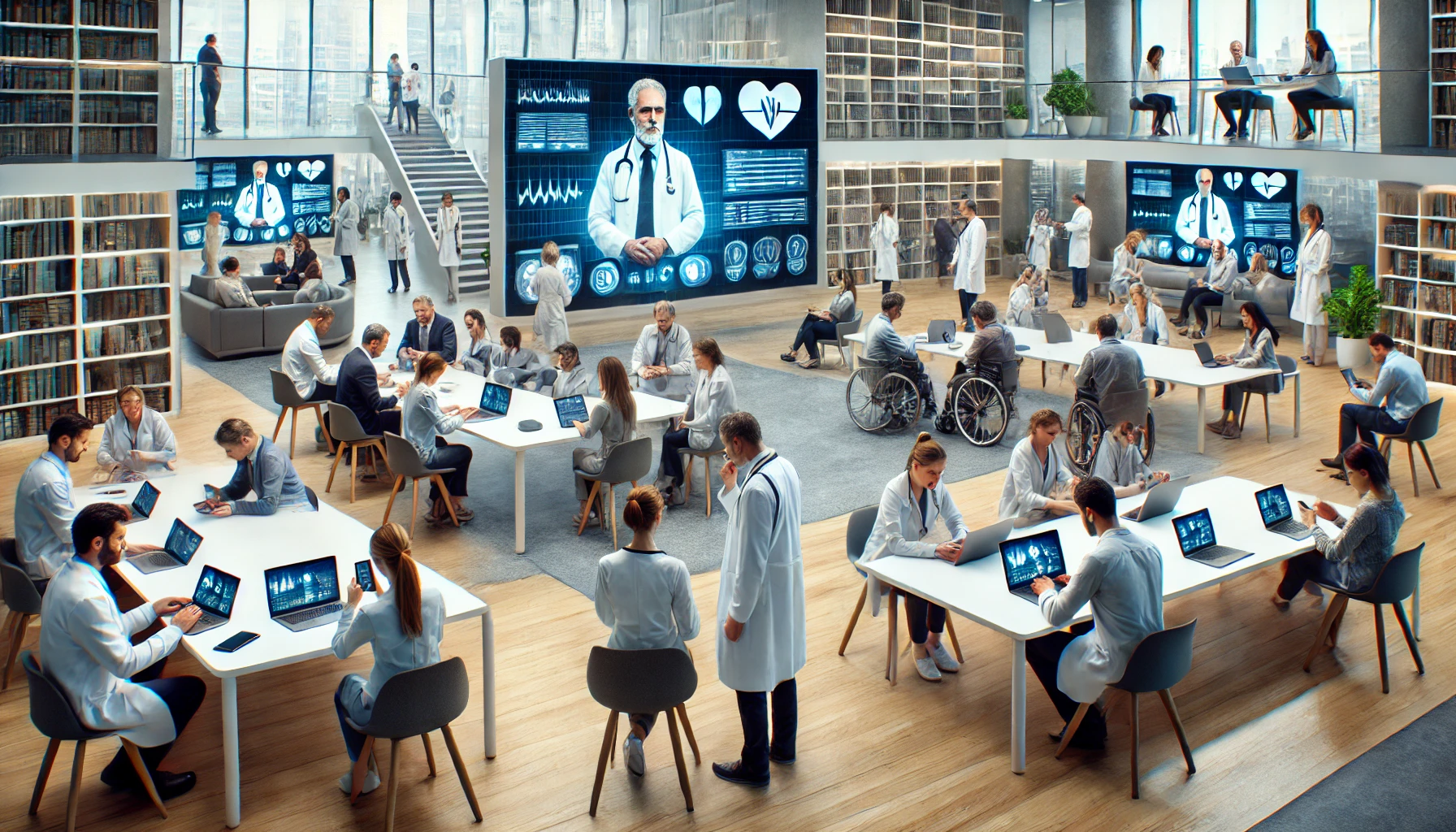 사람들이 다양한 기기를 이용해 의료 전문가와 연결되는 원격의료 서비스의 확장을 표현한 이미지입니다.