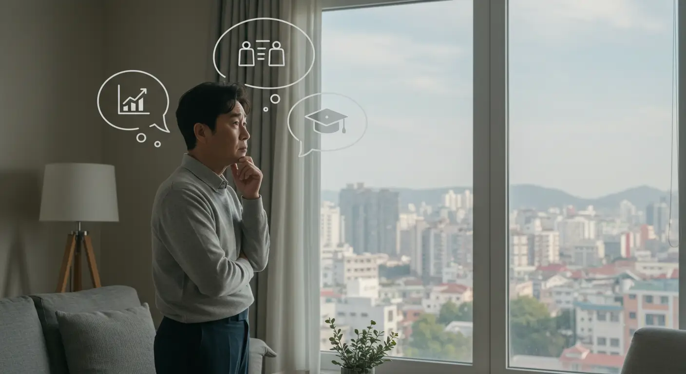 자신의 한국 아파트를 배경으로 사업자금과 교육비 마련을 위해 후순위 담보대출을 고민하는 가장