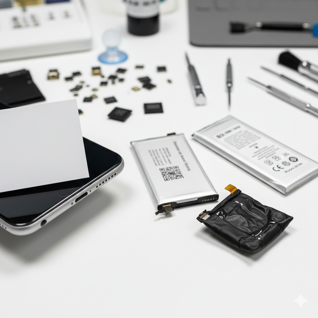 아이폰 액정 들뜸 현상을 점검하기 위해 기기 본체와 액정 사이 틈새에 흰색 종이를 끼워 넣는 자가 진단 모습이에요. 작업대 위에는 부풀어 오른 배터리와 새 배터리, 정밀 드라이버 등 수리에 필요한 도구들이 놓여 있어 배터리 스웰링으로 인한 수리 상황을 구체적으로 보여줘요.