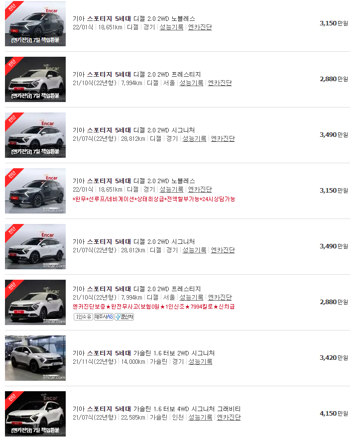 스포티지 5세대 중고차 가격