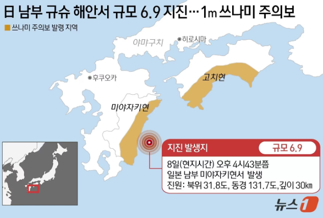 규슈미야자키현 앞바다 6.9규모 지진발생 난카이 대지진과 관련