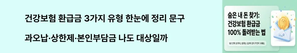 "건강보험 환급금 3가지 유형 한눈에 정리 / 과오납·상한제·본인부담금 나도 대상일까"라는 문구가 포함된 웹배너 이미지. 이 이미지는 건강보험 환급금의 3가지 발생 유형(보험료 과오납, 본인부담상한제, 본인부담금)과 각 유형별 환급 대상 조건을 시각적으로 전달하며, 블로그의 건강보험 환급금 조회 방법과 관련된 내용을 설명함