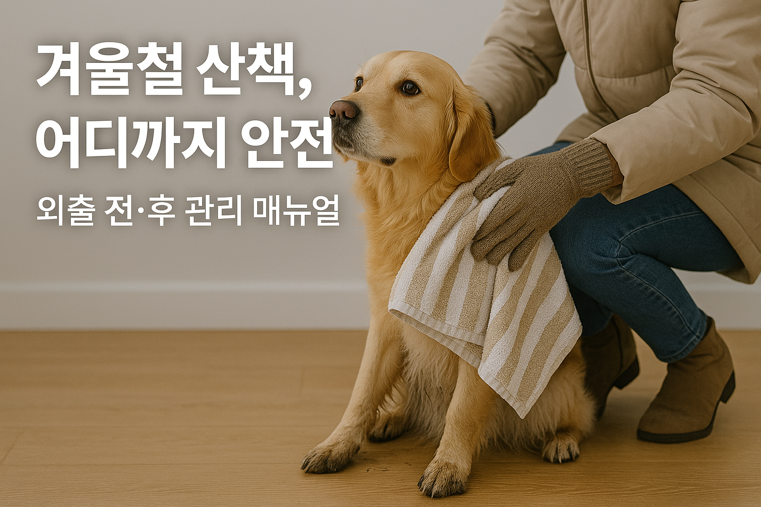 산책 후 강아지 발을 닦으며 관리하는 보호자 이미지