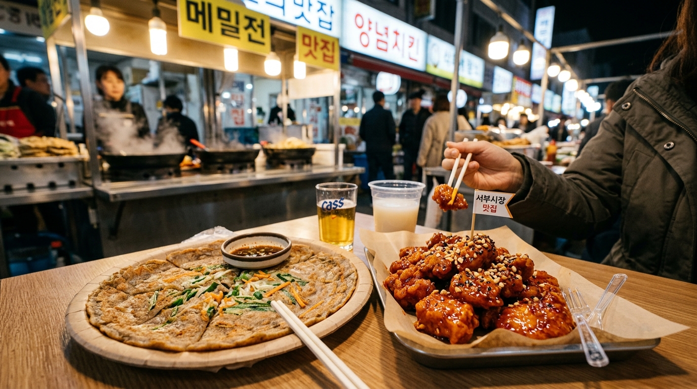 서부시장의 명물 메밀전병과 빨간 양념이 먹음직스러운 닭강정 이미지