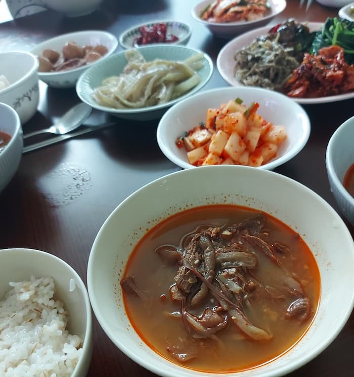 소고기와 고사리가 듬뿍 들어간 육개장과 흰 쌀밥, 깍두기와 시금치 나물, 도라지 나물, 가지 나물등 전통 반찬이 어우러진 한식 상차림