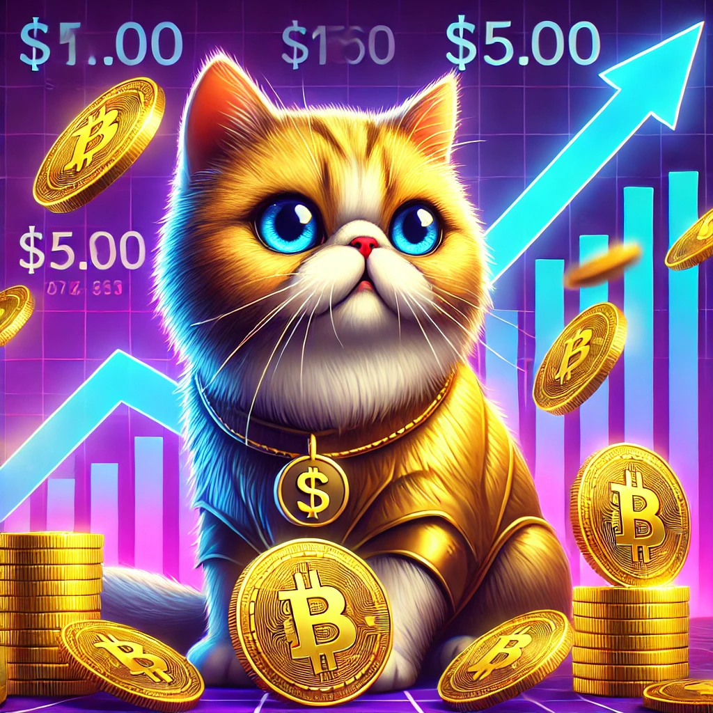 "캣슬랩(CatSlap) 밈코인의 급상승을 나타내는 대표 이미지. 고양이 테마의 코인과 상승하는 차트 배경."